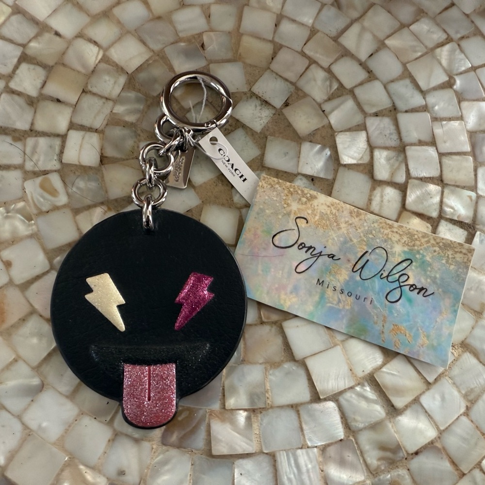 COACH EMOJI CHEEKY Face Bag Charm Keychain Black LEATHER NWT